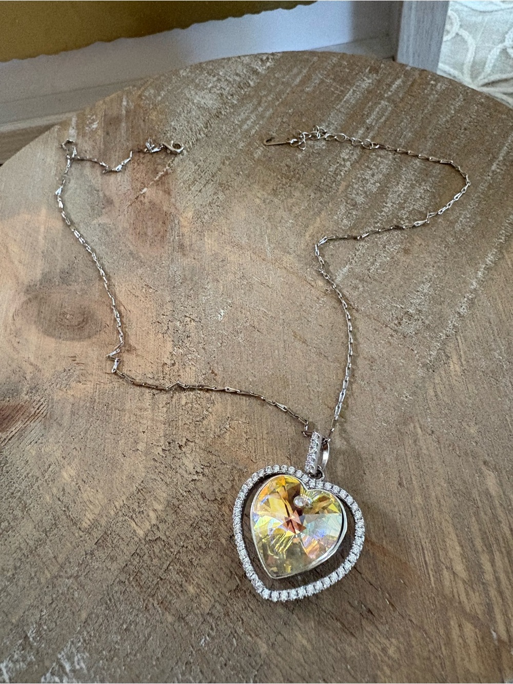 Sterling Silver 925 Heart Aurora Borealis Crystal Halo Necklace | CZ Pave Pendan